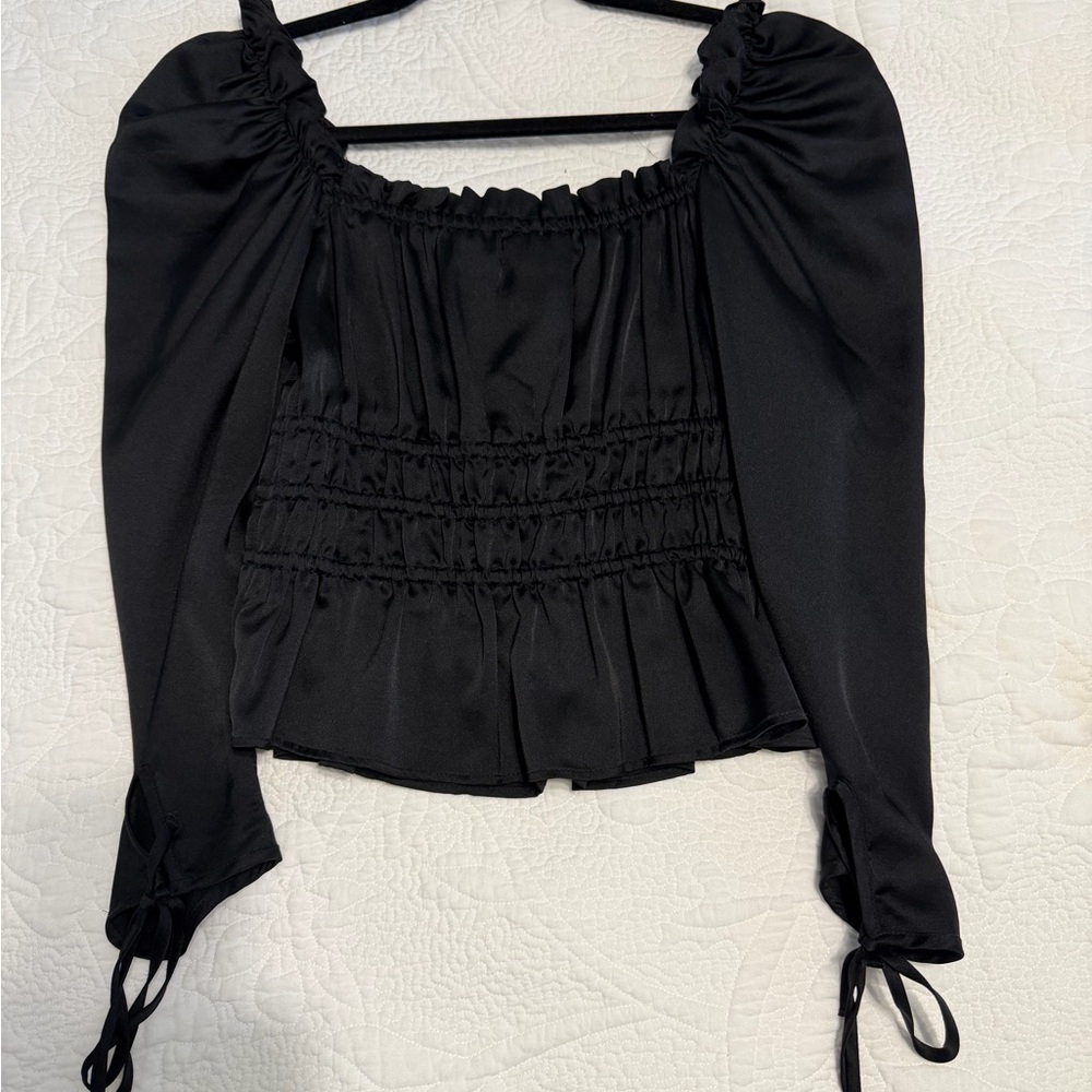 Topshop Black Smocked Peasant Blouse with Tie Cuffs - Picture 5 of 5